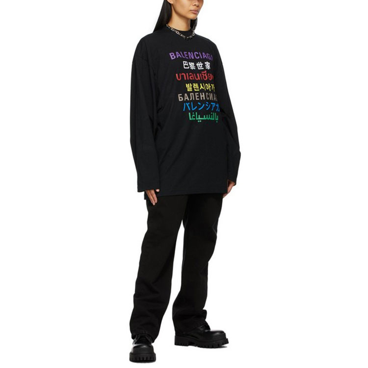 Purchase バレンシアガ FW21 マルチリンガルプリント 長袖 Tシャツ ユニセックス ブラック 641667TJVI32771