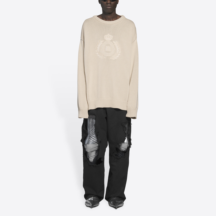 Sizing バレンシアガ FW21 ユニセックス ベージュ ロゴ ニット クルーネック セーター - ギフトおすすめ 664369T32119028
