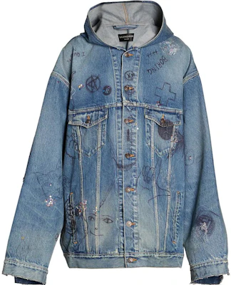 Balenciaga FW22 Blue Graffiti Print Denim Hooded Jacket. 719315TNW56-4268 Buy Balenciaga FW22 Blue Graffiti Print Denim Hooded Jacket. 719315TNW56-4268