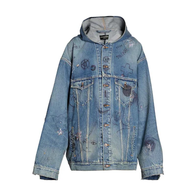 Balenciaga FW22 Blue Graffiti Print Denim Hooded Jacket. 719315TNW56-4268