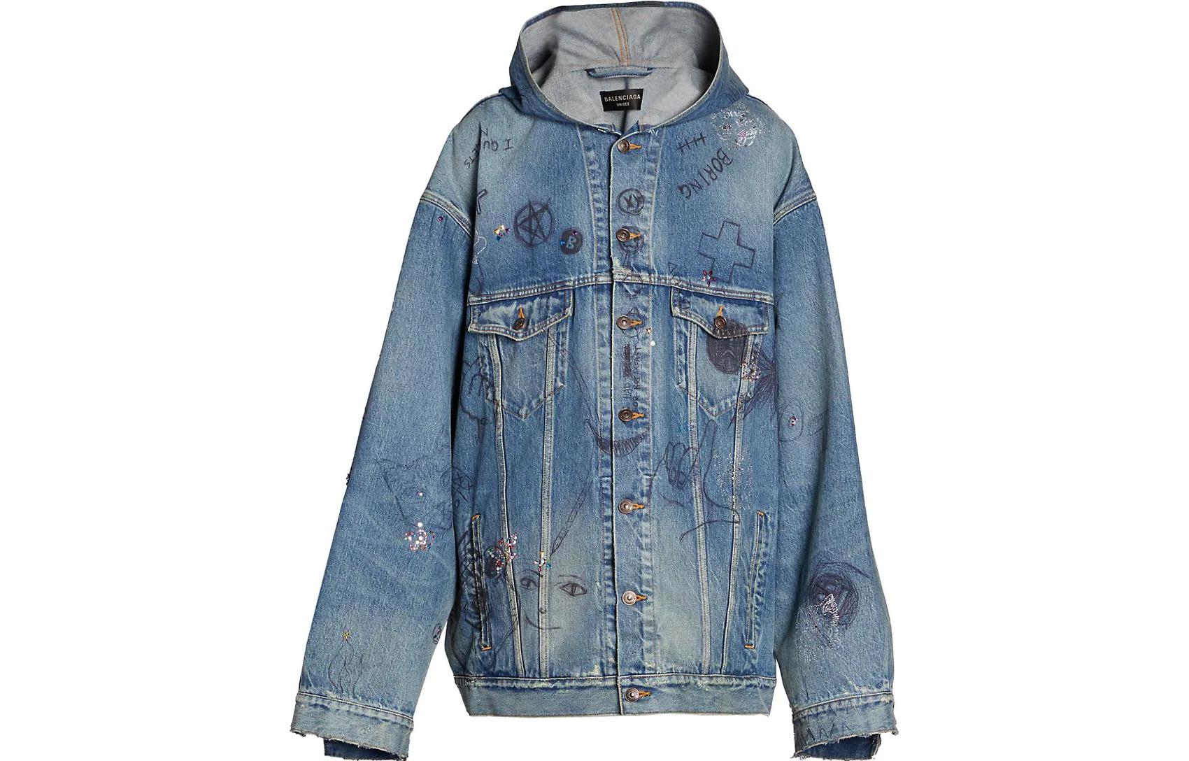 Order Balenciaga FW22  Blue Graffiti Print Denim Hooded Jacket. 719315TNW56-4268