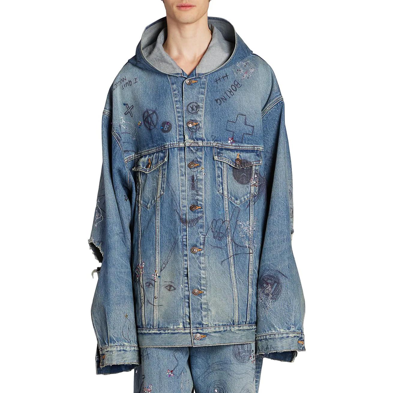 Shop Balenciaga FW22  Blue Graffiti Print Denim Hooded Jacket. 719315TNW56-4268