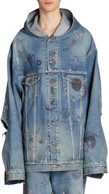 Balenciaga FW22 Blue Graffiti Print Denim Hooded Jacket. 719315TNW56-4268 Shop Balenciaga FW22 Blue Graffiti Print Denim Hooded Jacket. 719315TNW56-4268