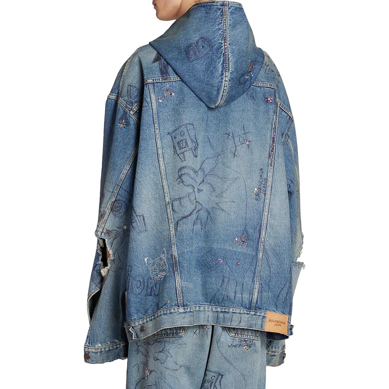 Purchase Balenciaga FW22  Blue Graffiti Print Denim Hooded Jacket. 719315TNW56-4268