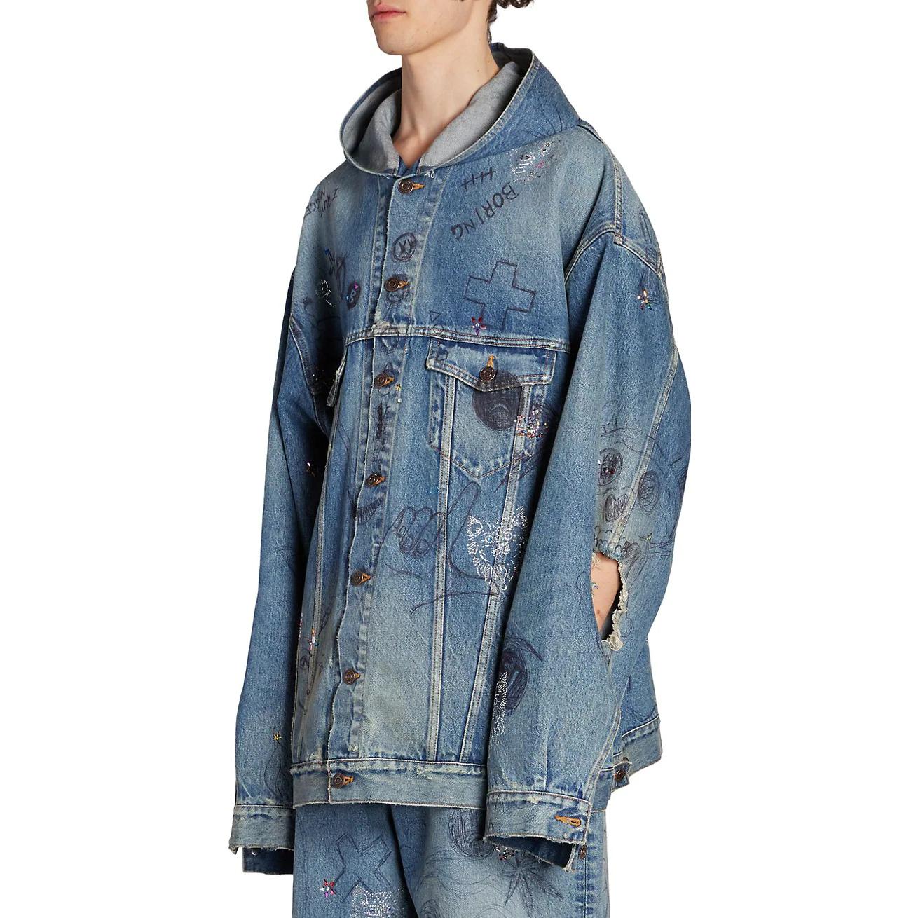 Details for Balenciaga FW22  Blue Graffiti Print Denim Hooded Jacket. 719315TNW56-4268