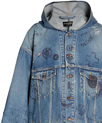 Balenciaga FW22 Blue Graffiti Print Denim Hooded Jacket. 719315TNW56-4268 Sizing Balenciaga FW22 Blue Graffiti Print Denim Hooded Jacket. 719315TNW56-4268