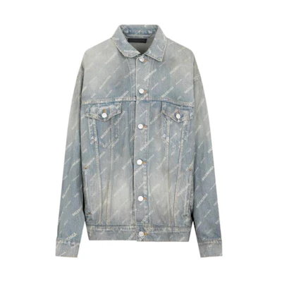 Balenciaga FW22 Logo Print Distressed Loose Denim Jacket Blue 719319TNW553221