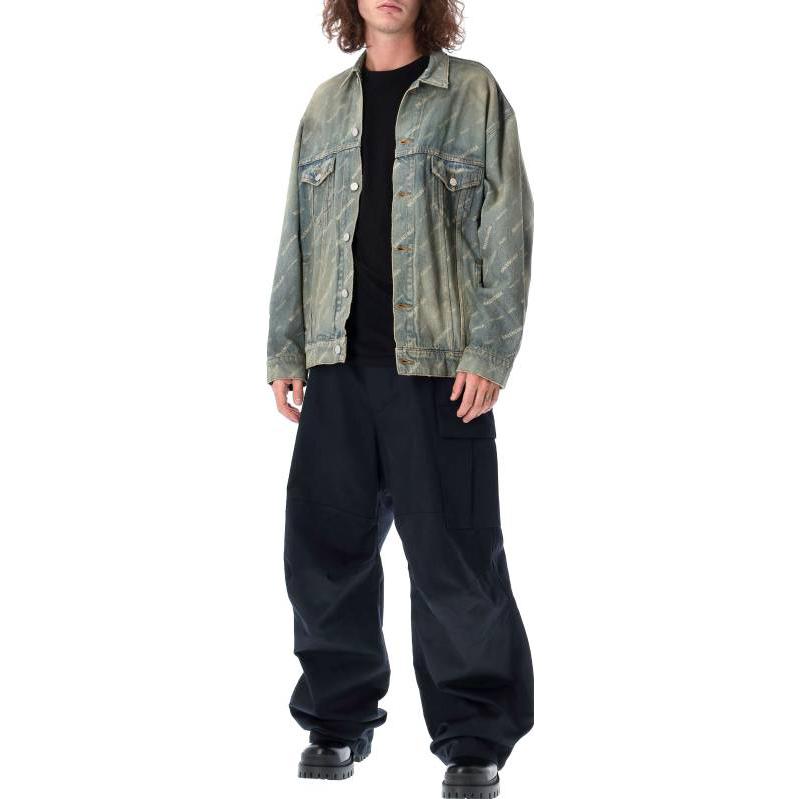 Shop Balenciaga FW22  Logo Print Distressed Loose Denim Jacket Blue 719319TNW553221