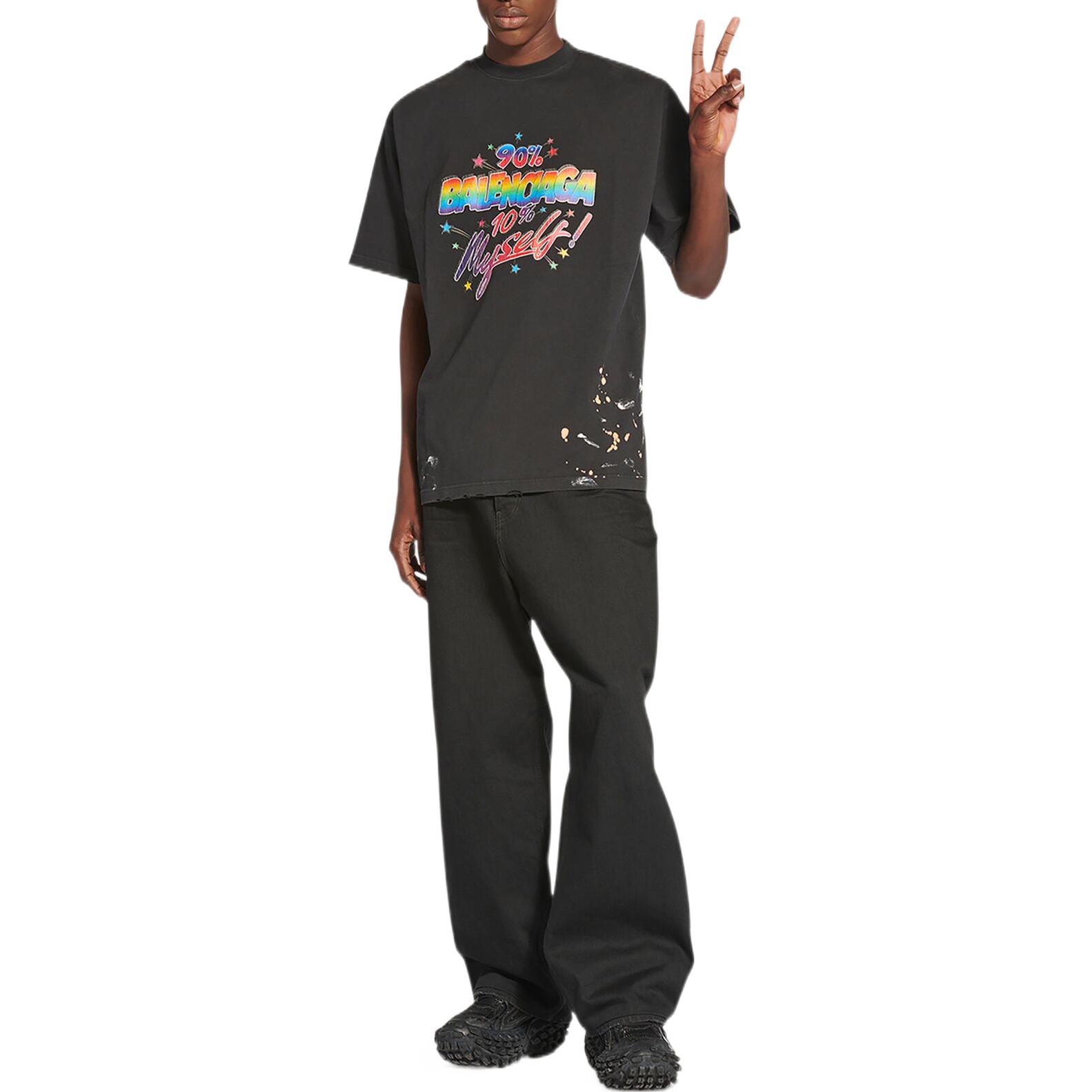 Shop Balenciaga 2022秋冬寬鬆字母印花黑色圓領T恤。 641675TMVH31055