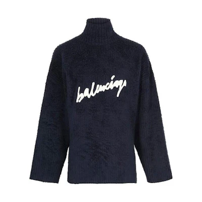 Balenciaga FW22 Navy Blue Logo Turtleneck Pullover Sweater. 625935T31828065