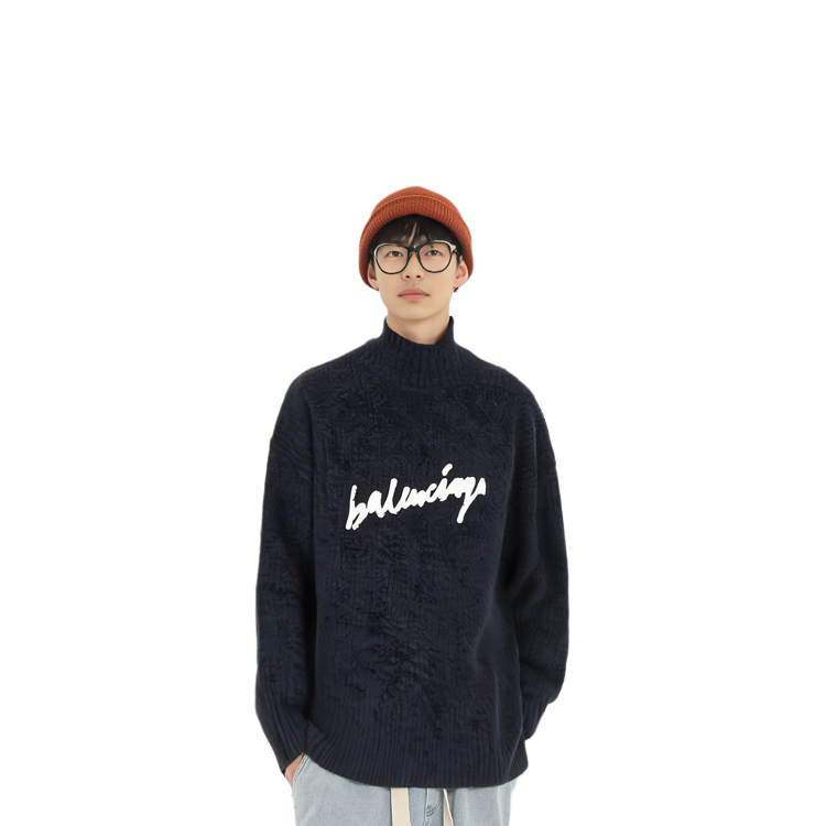 Shop 발렌시아가 FW22 네이비 블루 로고 터틀넥 풀오버 스웨터. 625935T31828065