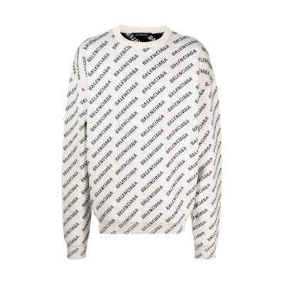 Balenciaga FW22 All-Over Logo Jacquard Crewneck Sweater White . 702952T32339054
