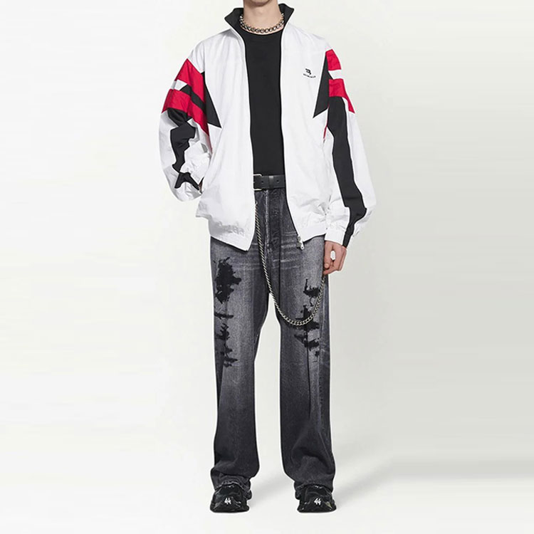 Shop Balenciaga FW22 Jaket Olahraga Colorblock Zip-Up Putih 675533TKM029000