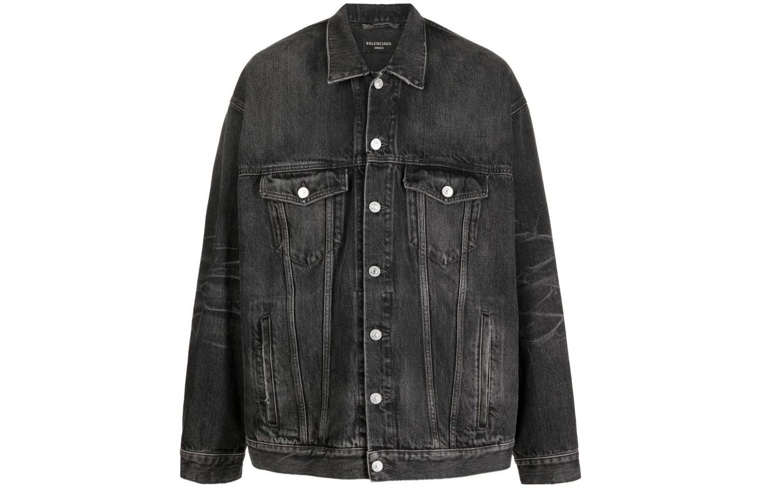 Balenciaga FW22 Distressed Logo Print Denim Jacket Black  Long Sleeve 724647TBP471000