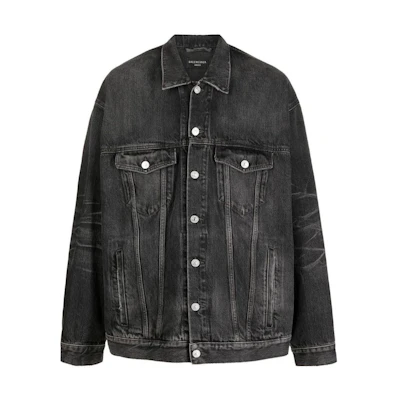 Balenciaga FW22 Distressed Logo Print Denim Jacket Black Long Sleeve 724647TBP471000