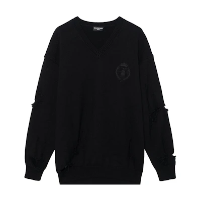 Balenciaga FW22 Distressed V-Neck Wool Sweater Unisex Black 702216T16421000