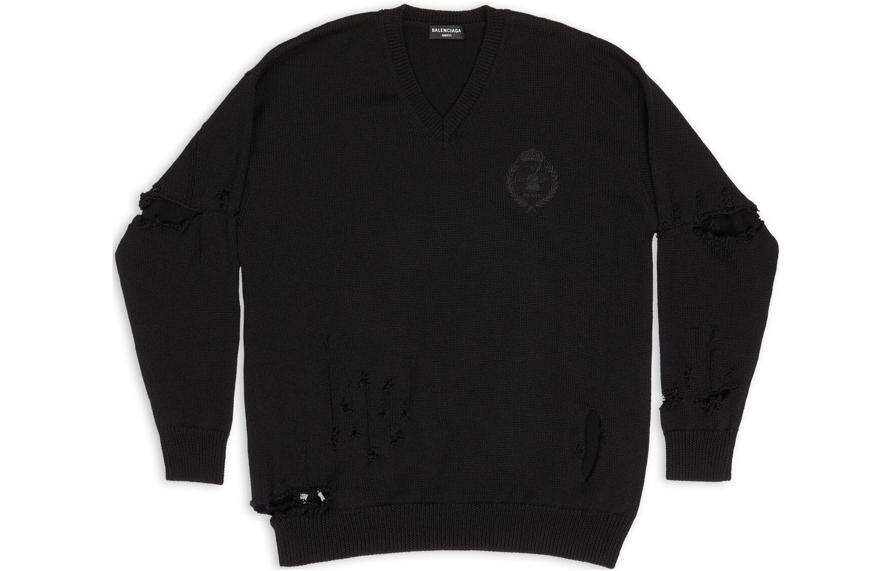 Order Balenciaga FW22 Distressed V-Neck Wool Sweater Unisex Black 702216T16421000