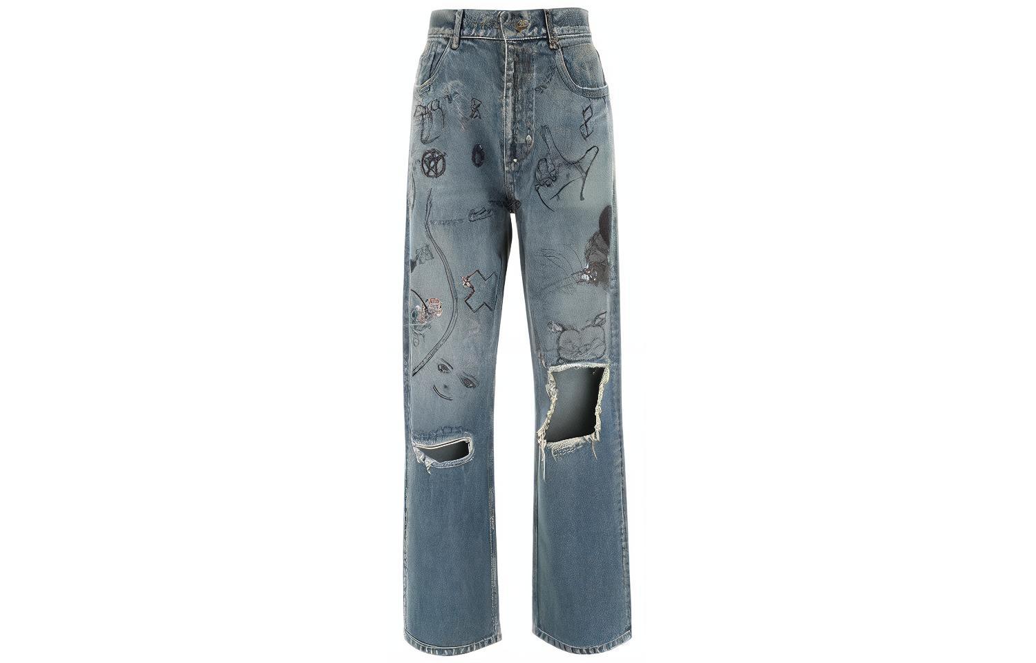 Balenciaga FW22 Graffiti Print Distressed Wide-Leg Jeans  Deep Blue. 659999TNW564268
