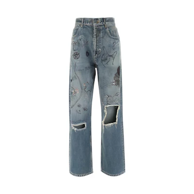 Balenciaga FW22 Graffiti Print Distressed Wide-Leg Jeans Deep Blue. 659999TNW564268