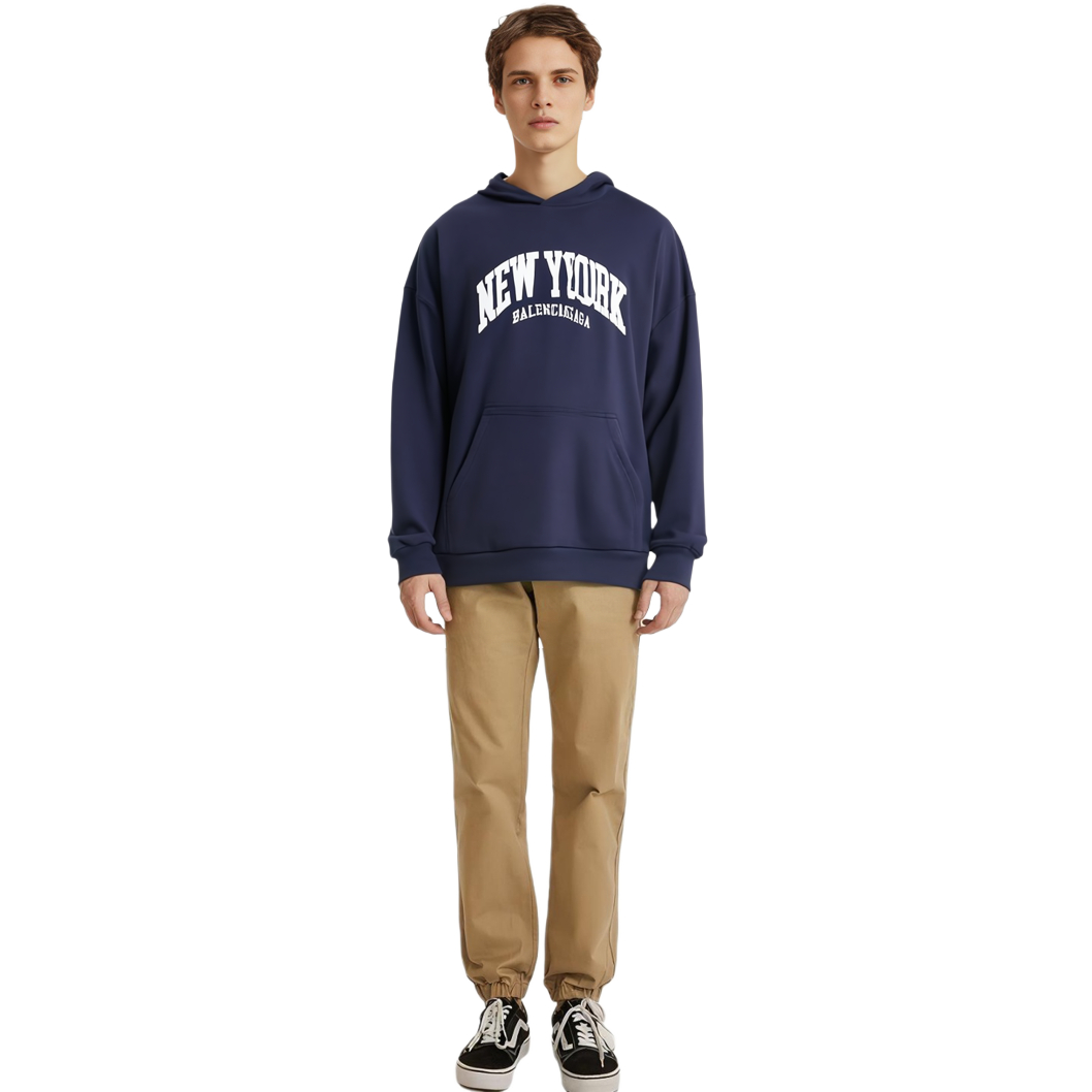 Shop Balenciaga FW22 Hoodie Navy Cetak Huruf Unisex Loose Fit Pullover 675003TLVM33967