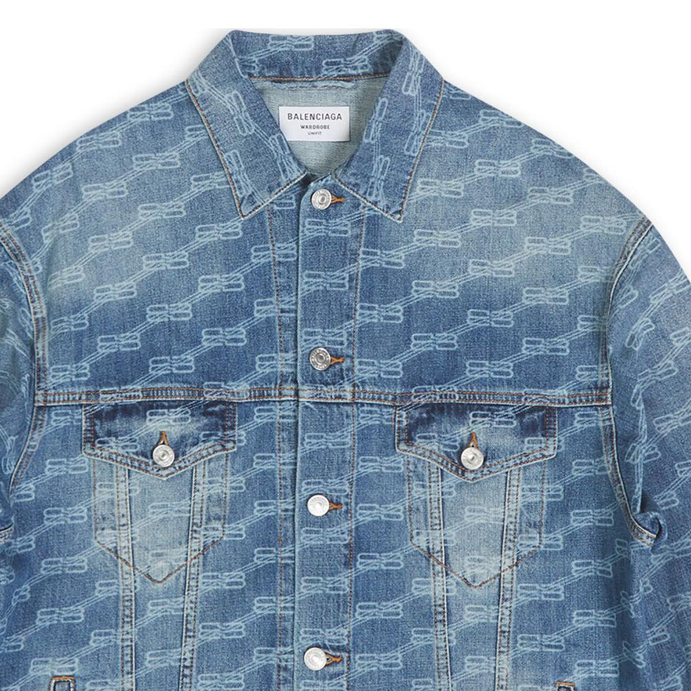 Cheap Balenciaga Jaket Denim Monogram Logo Biru Unisex Slim Fit FW22. 675208TMW370443