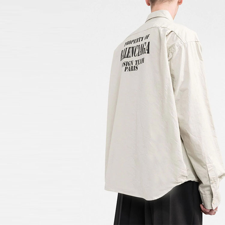 Purchase Balenciaga FW22 Nude Letter Print Loose Fit Button-Up Long Sleeve Shirt Men. 703843TKM019800