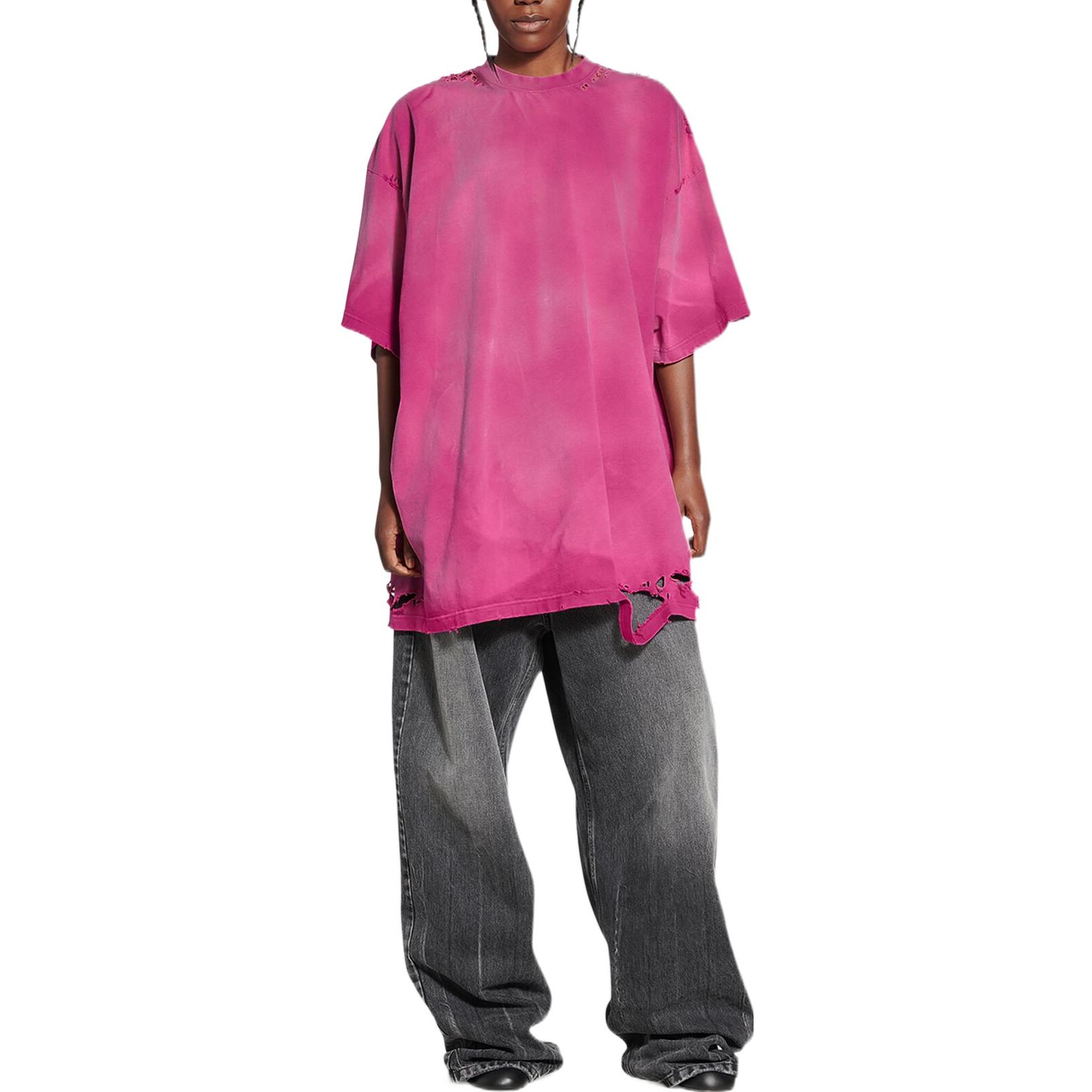 Shop 巴黎世家FW22修补Logo做旧宽松版粉色男女同款T恤。 704056TMVA50556