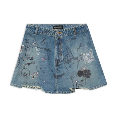 Balenciaga FW22 Vintage Graffiti Denim Skirt Blue - Regular Fit Short Length 719295TNW564268