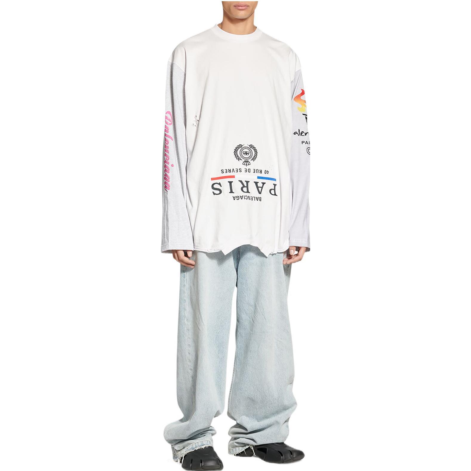 Shop Balenciaga FW22 白色Logo印花寬鬆長袖T恤 休閒版型 698155TMVC99000