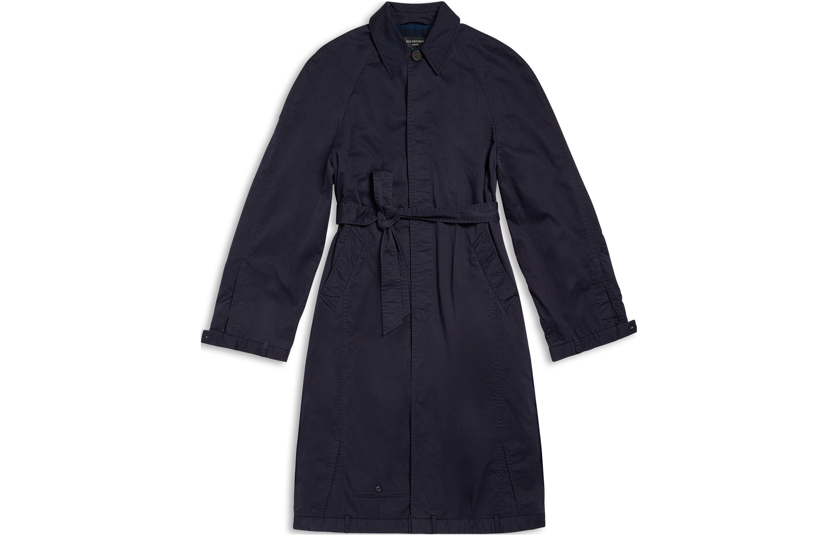 Order Balenciaga FW23 Mantel Trench Navy dengan Ikat Pinggang. 768919TBP014063