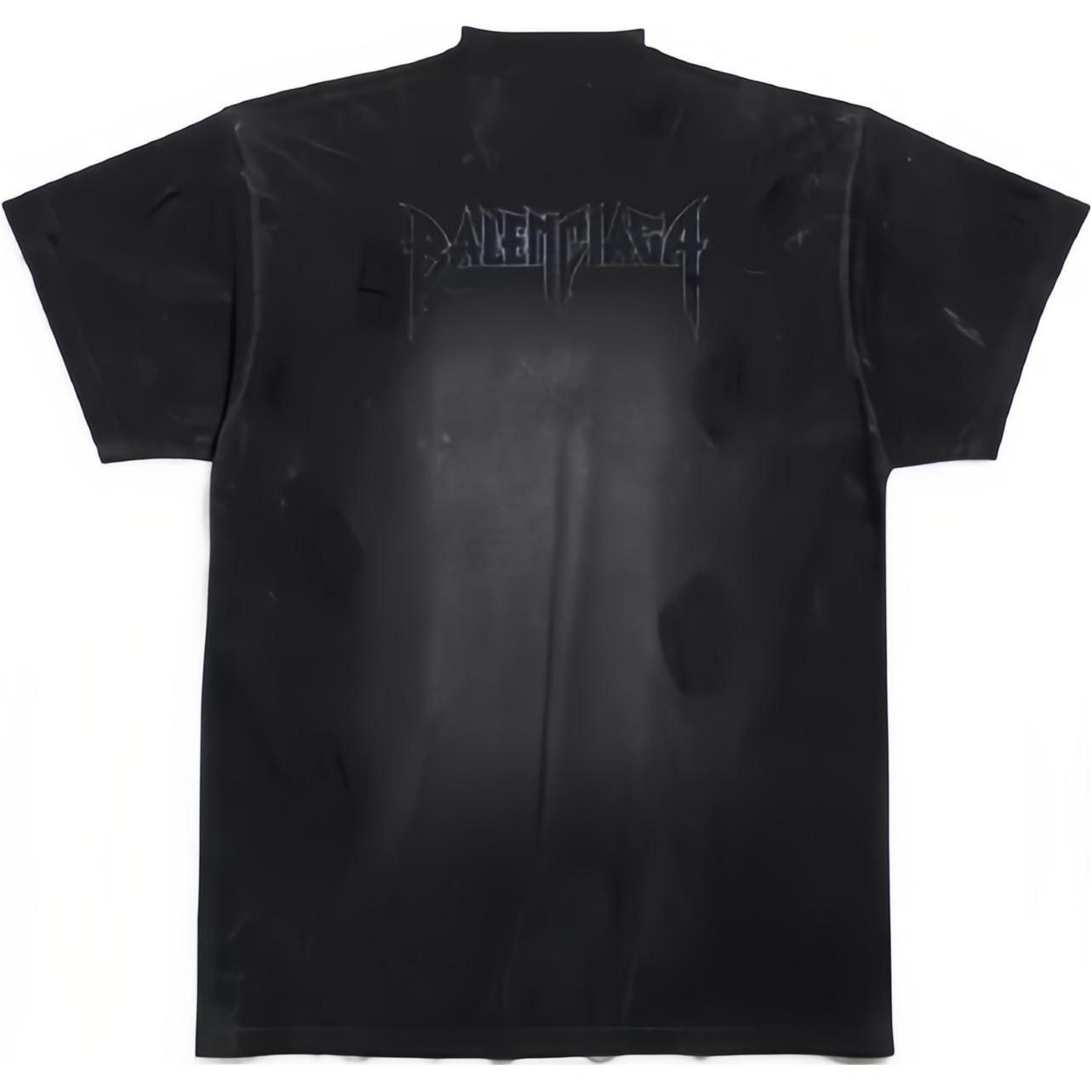 Shop 발렌시아가 FW23 오버사이즈 로고 프린트 디스트레스트 블랙 티셔츠. 739028TOVE41055