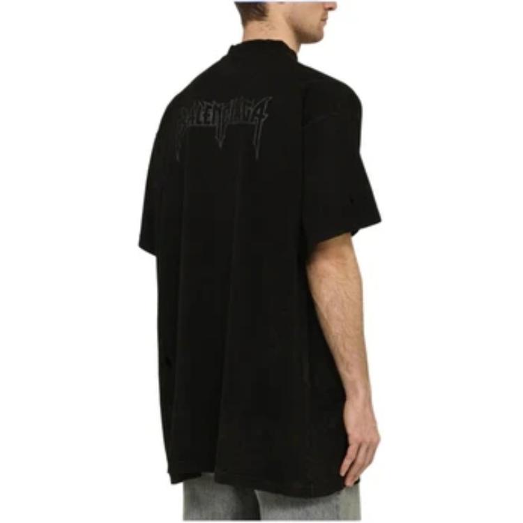 Purchase 발렌시아가 FW23 오버사이즈 로고 프린트 디스트레스트 블랙 티셔츠. 739028TOVE41055