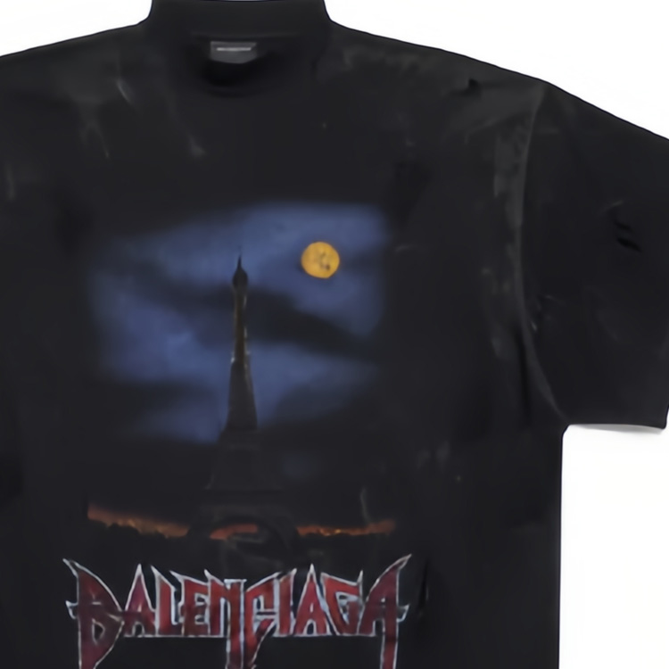 Details for 발렌시아가 FW23 오버사이즈 로고 프린트 디스트레스트 블랙 티셔츠. 739028TOVE41055