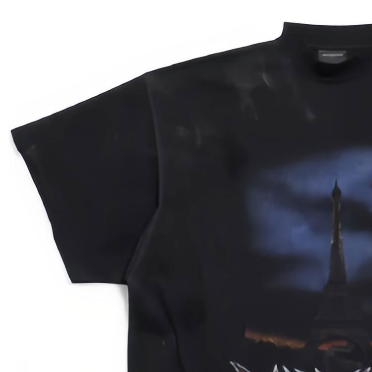 Cheap 발렌시아가 FW23 오버사이즈 로고 프린트 디스트레스트 블랙 티셔츠. 739028TOVE41055