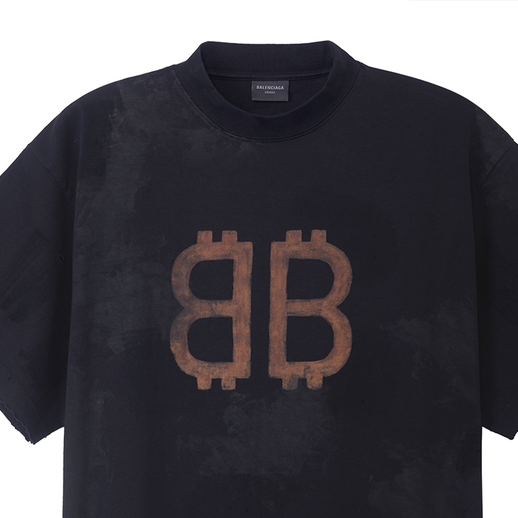 Cheap 발렌시아가 FW23 블랙 오버사이즈 로고 프린트 유니섹스 크루넥 티셔츠. 739028TOVN81055