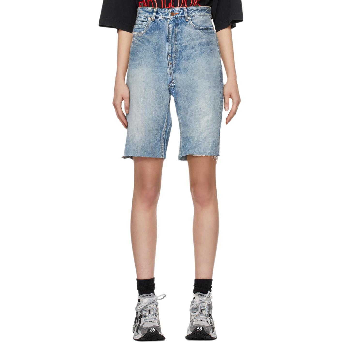 Shop Balenciaga FW23 藍色流蘇鬆身直筒牛仔短褲 中性款 753212TDW143341