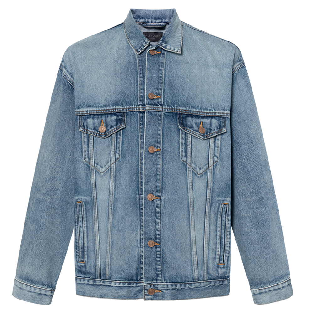 Balenciaga FW23 Blue Loose-Fit Washed Checkered Patch Denim Hoodie Jacket Men. 678354TDW143341