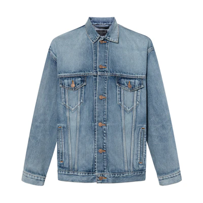 Balenciaga FW23 Blue Loose-Fit Washed Checkered Patch Denim Hoodie Jacket Men. 678354TDW143341