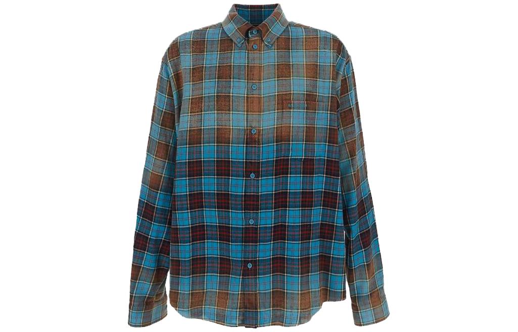 Balenciaga FW23 Checkered Collar Long Sleeve Shirt Regular Fit Blue Menswear 715030TMM116305