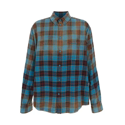 Balenciaga FW23 Checkered Collar Long Sleeve Shirt Regular Fit Blue Menswear 715030TMM116305