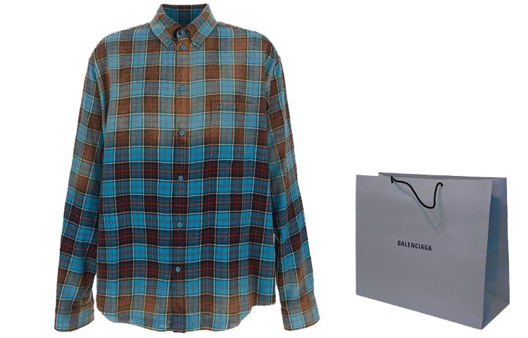 Shop Balenciaga FW23 格紋翻領長袖襯衫 藍色經典版 男裝 715030TMM116305