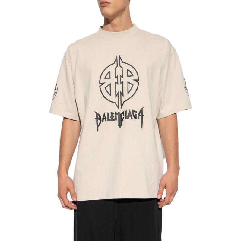 Lookbook 발렌시아가 FW23 아이콘 프린트 크루넥 레귤러 핏 티셔츠 라이트 브라운 남성용. 764235TPVI29711