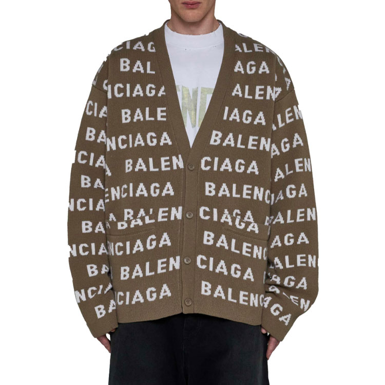 Lookbook Balenciaga FW23 Logo V-Neck Knit Sweater Longgar Khaki. 766471T16739677