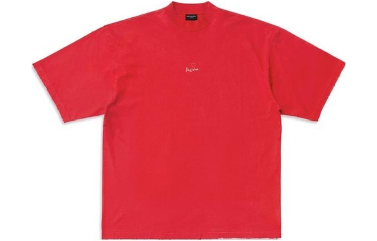 Balenciaga FW23 Red Unisex Relaxed Fit Tee with Solid Color & Embroidered Logo. 744439TOVM75871