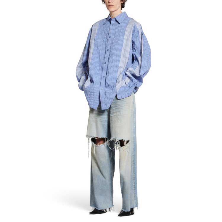 Shop 발렌시아가 FW23 스트라이프 컬러블록 싱글 오버사이즈 셔츠 블루 유니섹스. 751447TOM044249