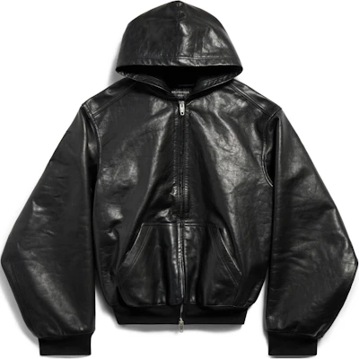 Balenciaga FW24 Black Leather Zip-Up Hoodie Jacket Unisex Loose Fit. 790311TQS141000 Buy Balenciaga FW24 Black Leather Zip-Up Hoodie Jacket Unisex Loose Fit. 790311TQS141000