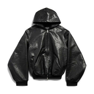 Balenciaga FW24 Black Leather Zip-Up Hoodie Jacket Unisex Loose Fit. 790311TQS141000