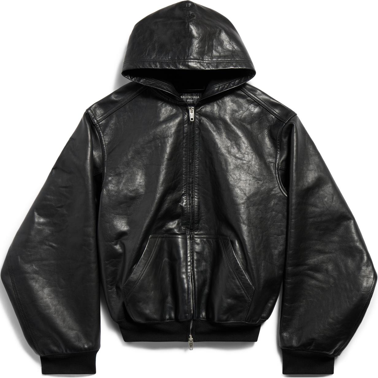 Order Balenciaga FW24 Black Leather Zip-Up Hoodie Jacket Unisex Loose Fit. 790311TQS141000