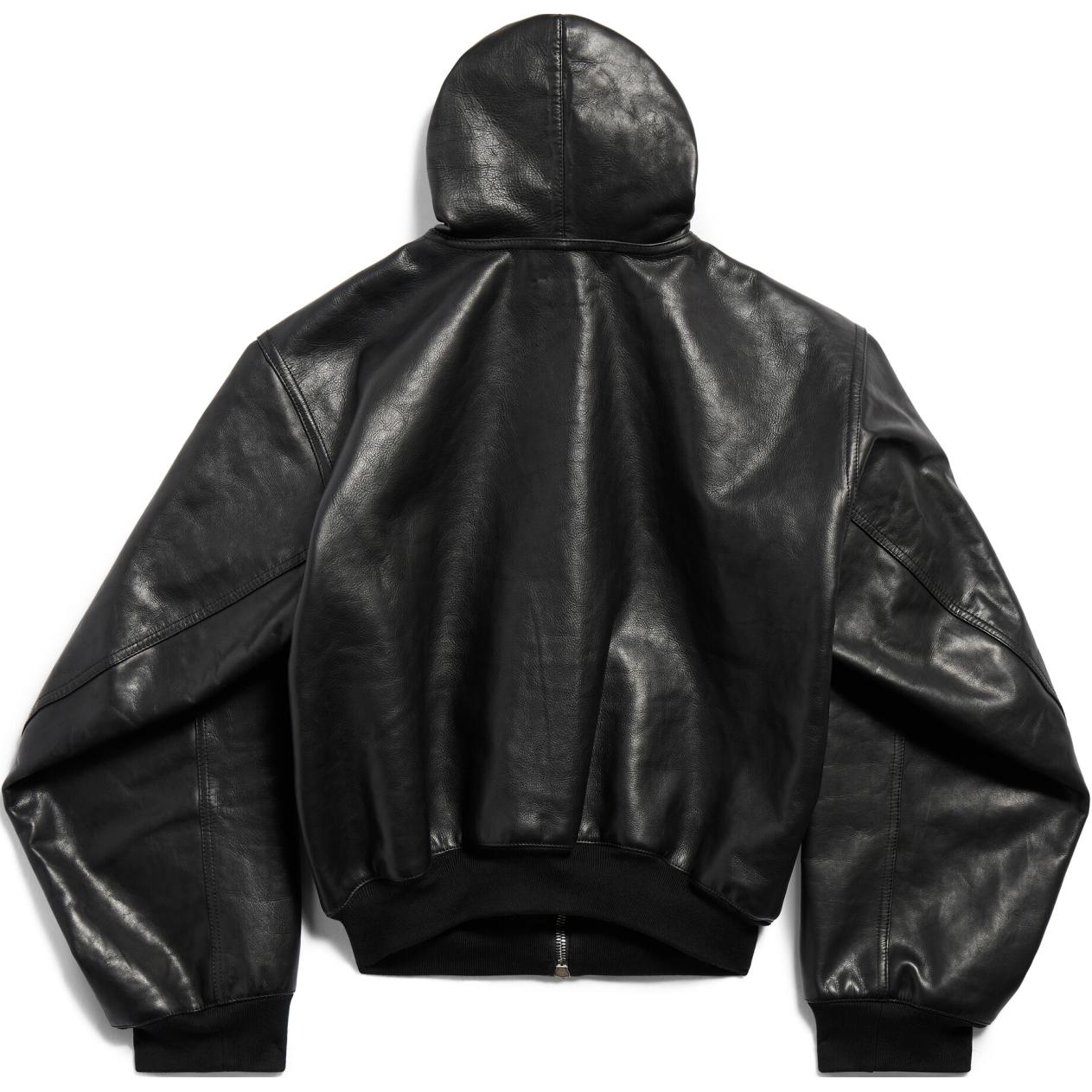 Lookbook Balenciaga FW24 Black Leather Zip-Up Hoodie Jacket Unisex Loose Fit. 790311TQS141000