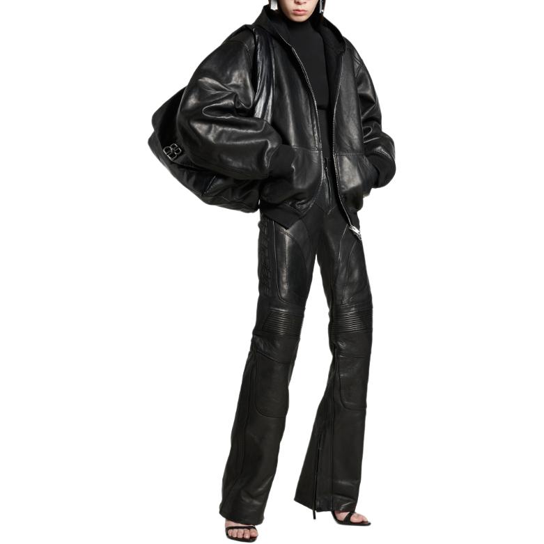 Shop Balenciaga FW24 Black Leather Zip-Up Hoodie Jacket Unisex Loose Fit. 790311TQS141000